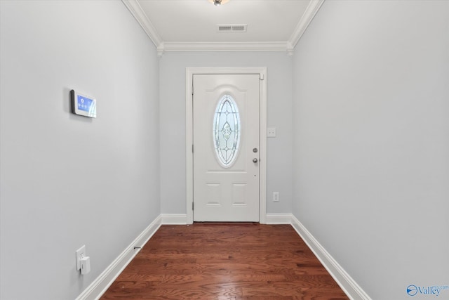 16968 Bellewood Dr, Athens, AL 35613 - doorway featuring dark wood-style flooring, baseboards, ornamental molding, and visible vents