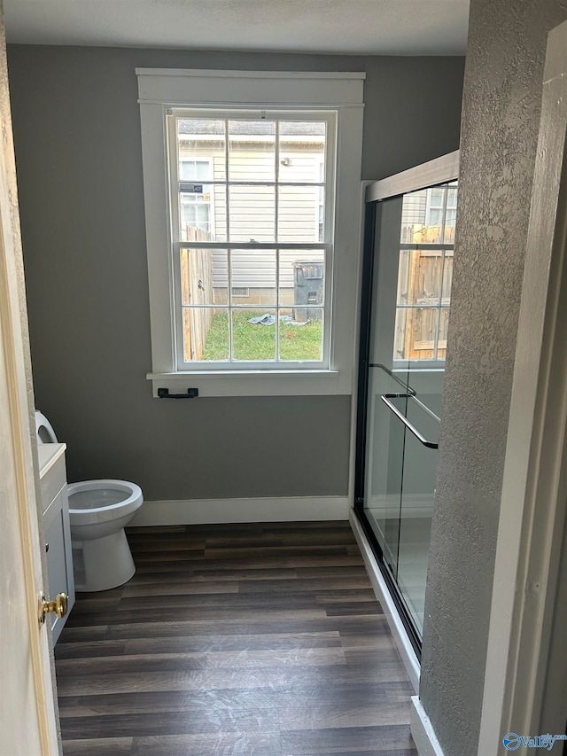 bathroom with vanity, wood-type flooring, a healthy amount of sunlight, and toilet