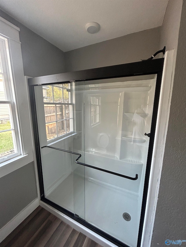 bathroom with hardwood / wood-style floors and walk in shower