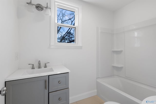 full bathroom with toilet, vanity, and tub / shower combination