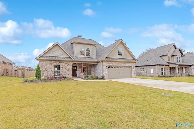 craftsman inspired home with a garage and a front yard