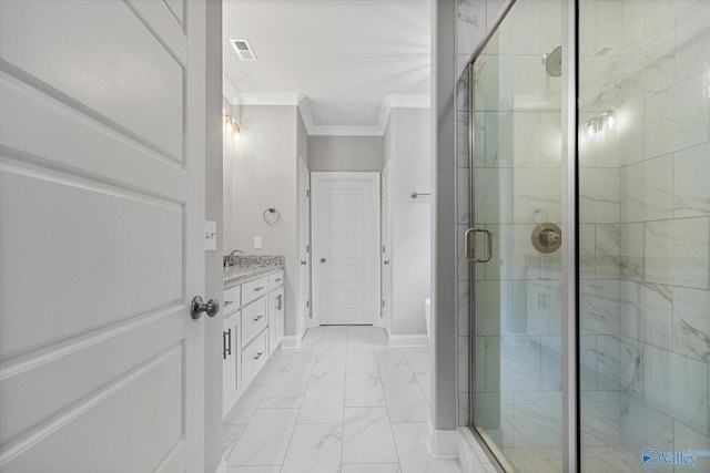 bathroom with vanity, crown molding, walk in shower, and tile patterned flooring