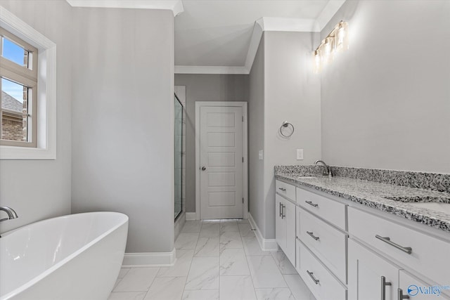 bathroom featuring double vanity, plus walk in shower, ornamental molding, and tile patterned floors