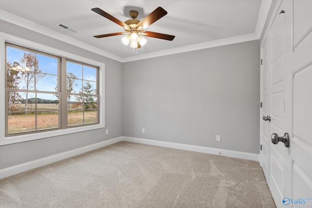 carpeted spare room with ceiling fan and ornamental molding