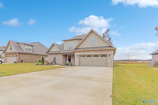 craftsman inspired home with a garage and a front yard