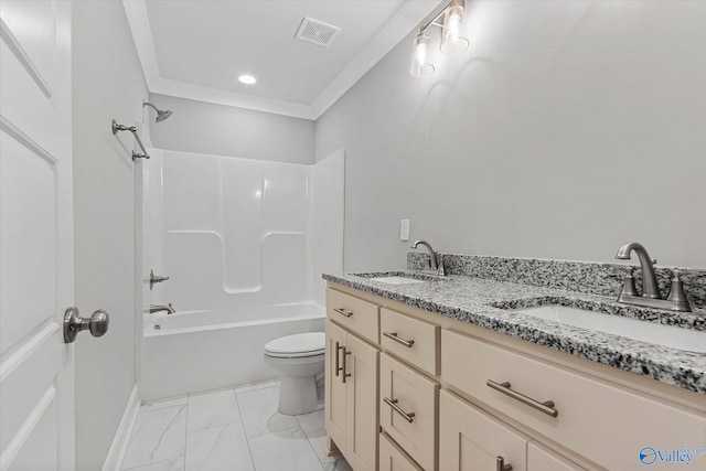 full bathroom with tub / shower combination, tile patterned flooring, toilet, and double sink vanity