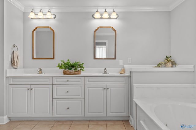 bathroom featuring a sink, ornamental molding, double vanity, and tile patterned flooring