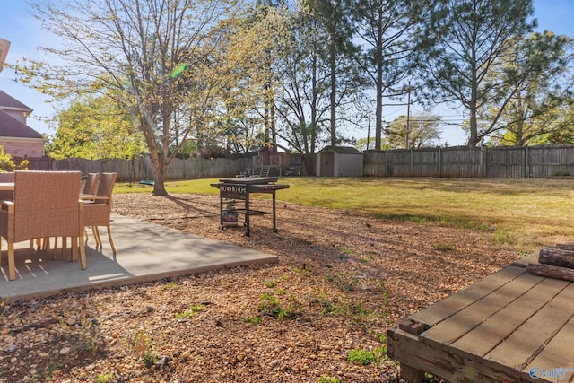 view of yard featuring an outbuilding, a fenced backyard, a shed, and a patio area