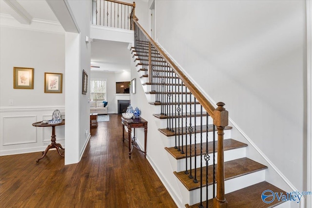 stairway featuring a wainscoted wall, a fireplace, hardwood / wood-style flooring, and a decorative wall