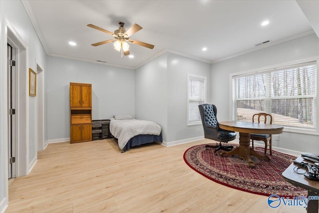 bedroom featuring crown molding, light wood finished floors, recessed lighting, visible vents, and baseboards