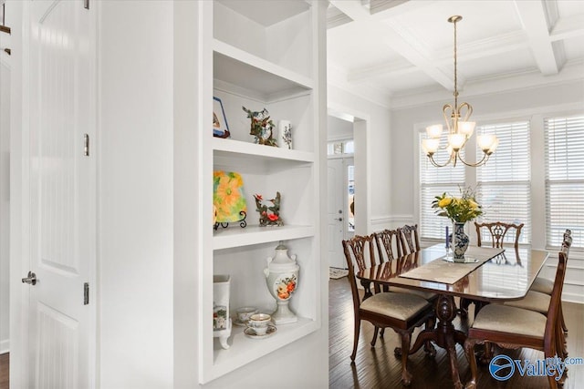 dining room with built in shelves, dark wood-style flooring, coffered ceiling, and beam ceiling