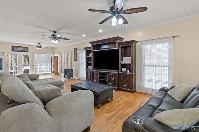 living area featuring ceiling fan, a wood stove, light wood-style floors, and a wealth of natural light