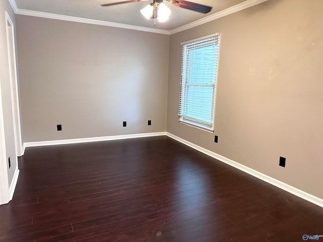 unfurnished room with ceiling fan, dark hardwood / wood-style flooring, and ornamental molding