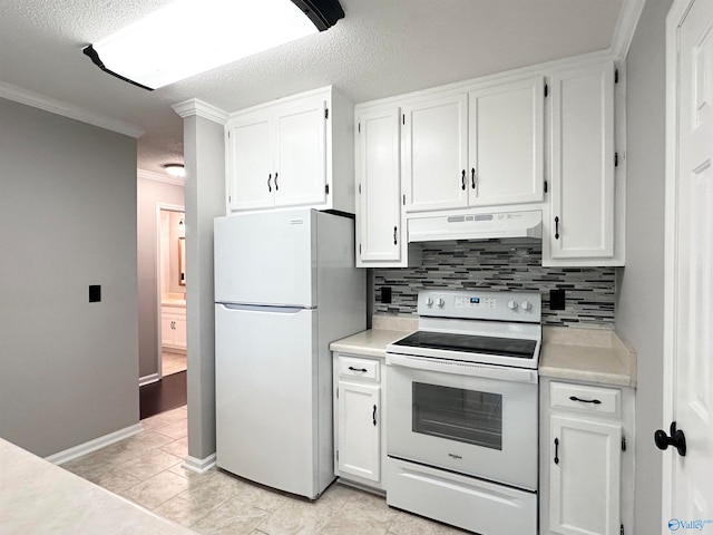 kitchen featuring white appliances, white cabinetry, ornamental molding, and backsplash