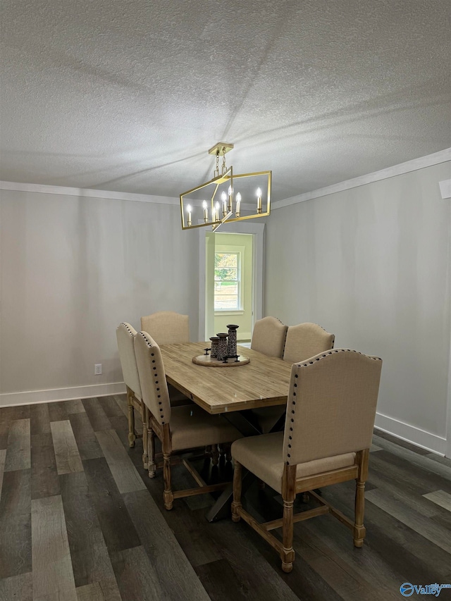 dining area featuring ornamental molding, a textured ceiling, and dark wood-type flooring