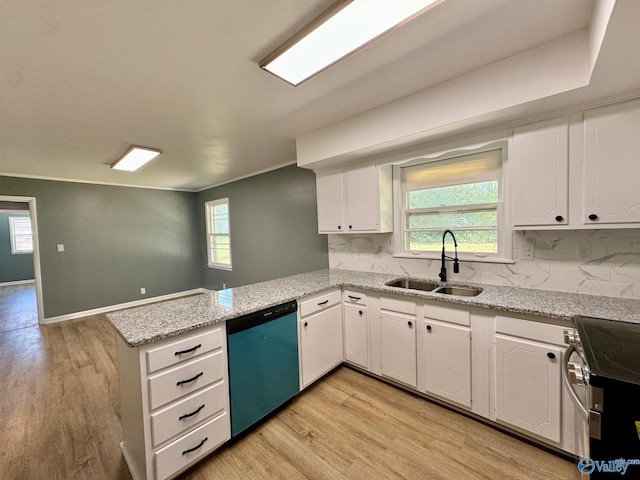 kitchen featuring white cabinets, sink, kitchen peninsula, appliances with stainless steel finishes, and light wood-type flooring