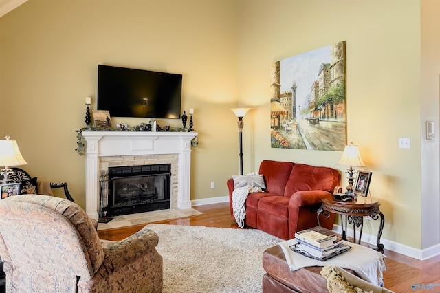 living area featuring a fireplace, wood finished floors, and baseboards