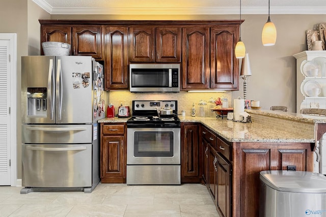 kitchen with crown molding, stainless steel appliances, decorative backsplash, light stone countertops, and a peninsula