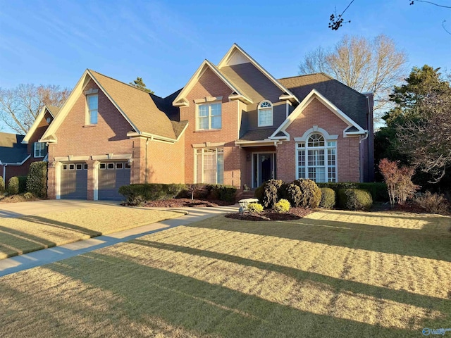 view of front of property featuring an attached garage, concrete driveway, brick siding, and a front yard