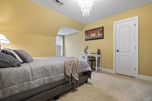 bedroom with light colored carpet, a textured ceiling, a notable chandelier, and vaulted ceiling