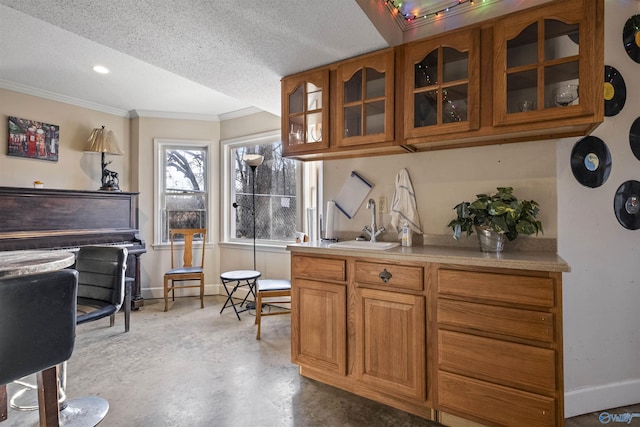 bar with a textured ceiling and crown molding