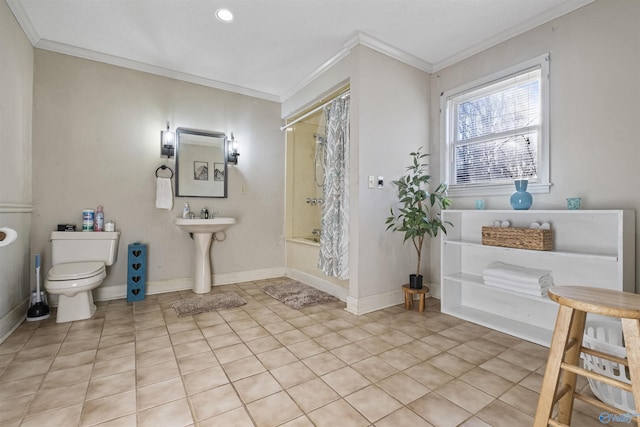 bathroom featuring toilet, tile patterned flooring, ornamental molding, and shower / tub combo with curtain