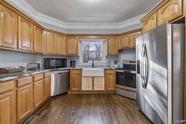 kitchen with appliances with stainless steel finishes, dark hardwood / wood-style floors, light stone countertops, a textured ceiling, and sink