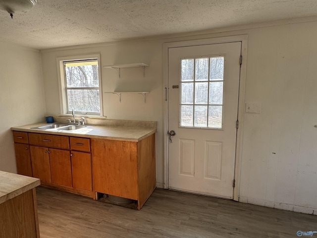 87 Flattop Cir, Scottsboro, AL 35768 - kitchen featuring light wood finished floors, a sink, light countertops, a textured ceiling, and brown cabinets
