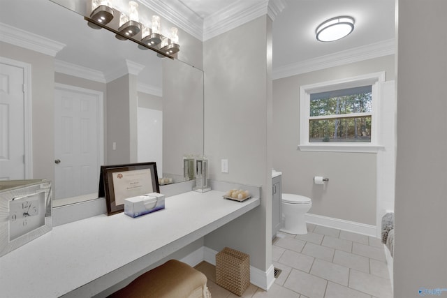 full bath featuring crown molding, toilet, vanity, tile patterned flooring, and baseboards