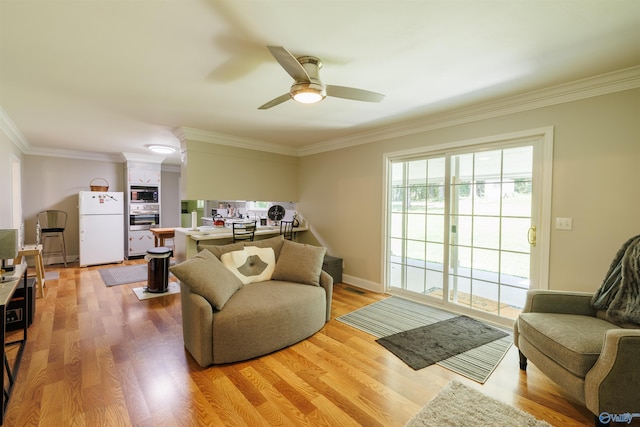 living area featuring light wood-style floors, baseboards, and ornamental molding