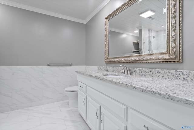 2303 Chatam Ave, Decatur, AL 35603 - full bath with toilet, ornamental molding, vanity, marble look tiles, and a shower