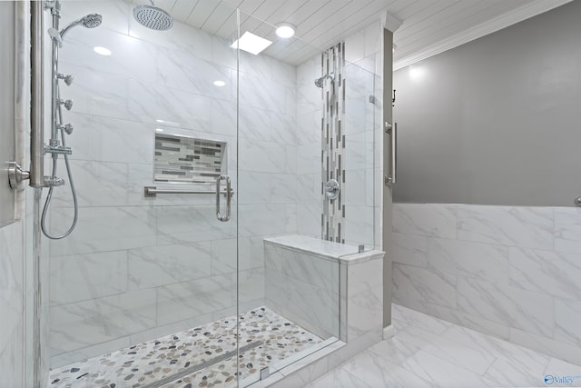 2303 Chatam Ave, Decatur, AL 35603 - full bath featuring a shower stall, marble finish flooring, ornamental molding, and recessed lighting