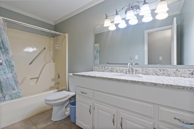 2303 Chatam Ave, Decatur, AL 35603 - bathroom featuring vanity, shower / tub combo with curtain, ornamental molding, toilet, and tile patterned flooring