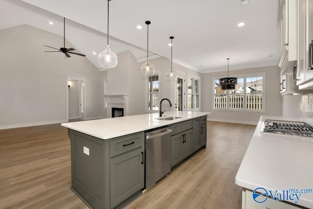 kitchen featuring pendant lighting, sink, light hardwood / wood-style flooring, a kitchen island with sink, and stainless steel appliances