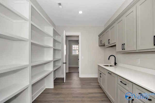 interior space with sink, gray cabinetry, and dark hardwood / wood-style flooring