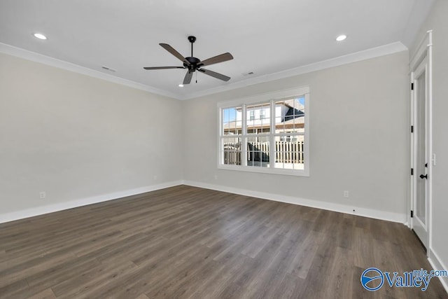 unfurnished room with ornamental molding, dark hardwood / wood-style floors, and ceiling fan