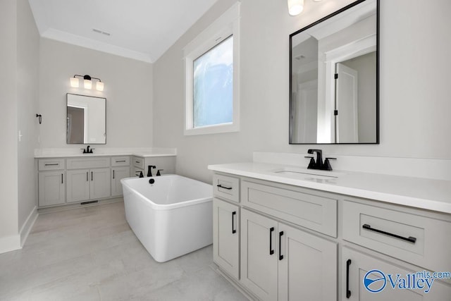 bathroom featuring vanity, a bath, and ornamental molding