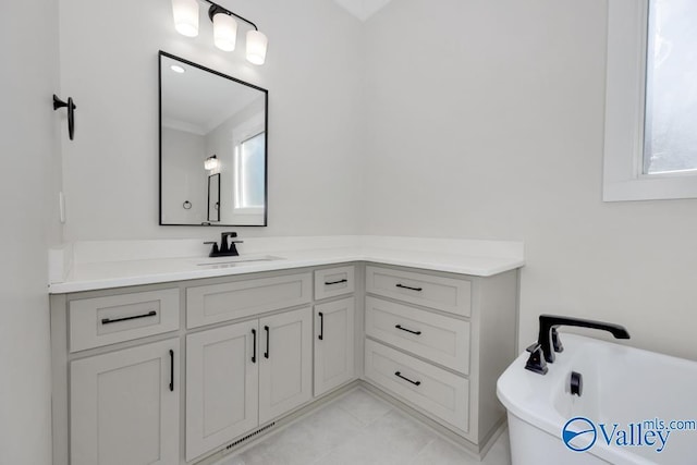 bathroom featuring vanity and a washtub