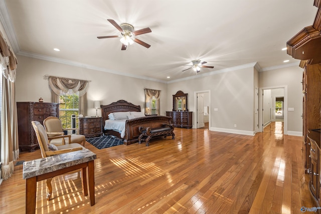 bedroom with light wood finished floors, recessed lighting, ornamental molding, ceiling fan, and baseboards