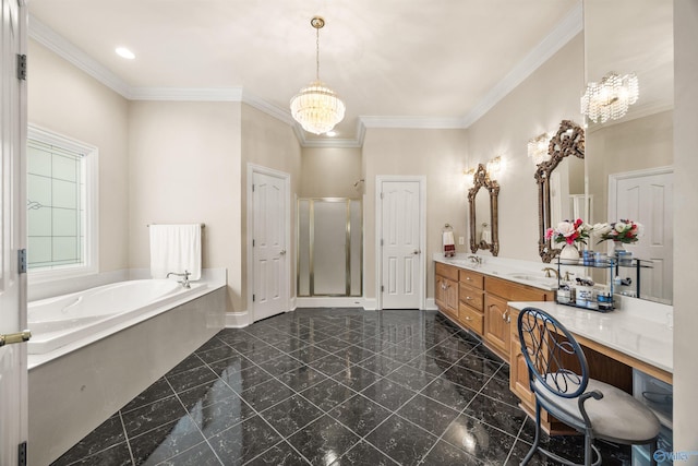 full bathroom featuring a garden tub, ornamental molding, a stall shower, and an inviting chandelier