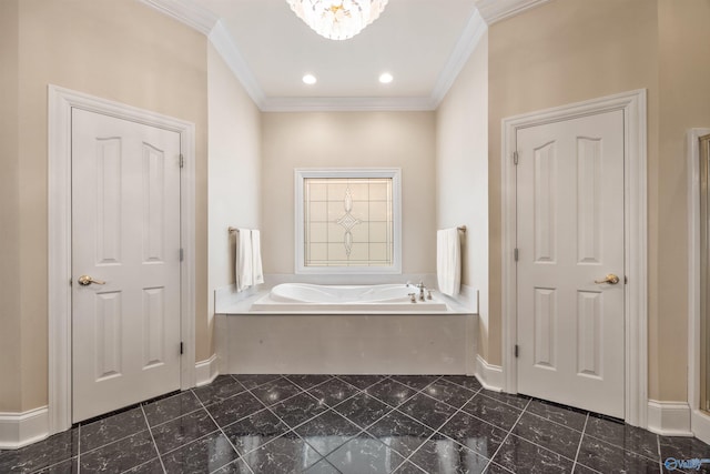 full bathroom with a garden tub, baseboards, a chandelier, and crown molding