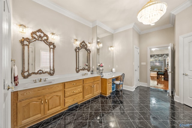 bathroom featuring double vanity, a healthy amount of sunlight, a sink, and baseboards