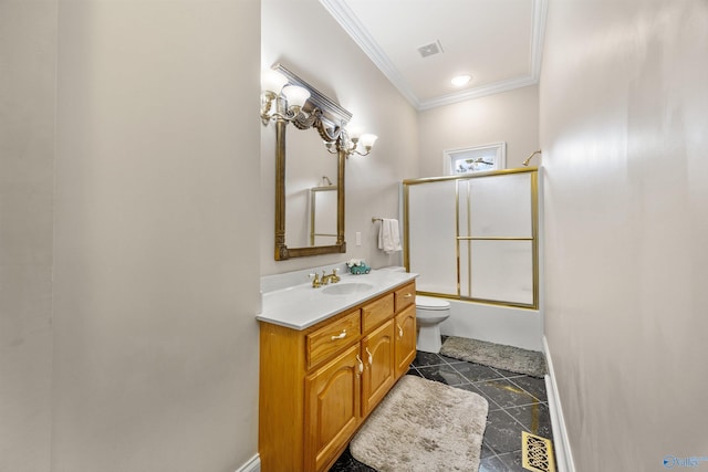 full bath with bath / shower combo with glass door, toilet, ornamental molding, vanity, and baseboards