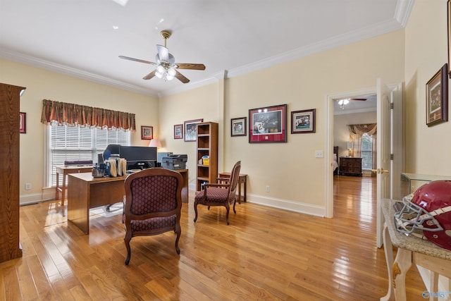 home office featuring ceiling fan, baseboards, light wood-style flooring, and crown molding