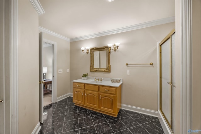 full bathroom with ornamental molding, a shower stall, vanity, and baseboards