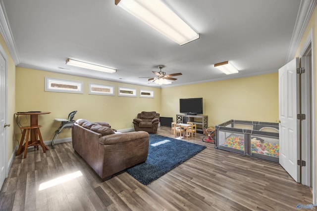 living room with baseboards, dark wood-style flooring, visible vents, and crown molding