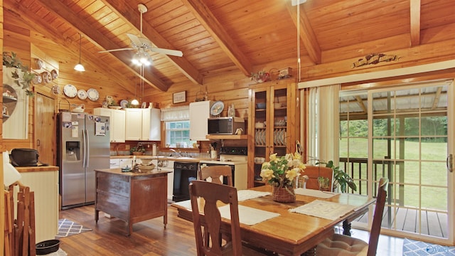 dining area with wooden walls, hardwood / wood-style floors, wood ceiling, beamed ceiling, and ceiling fan