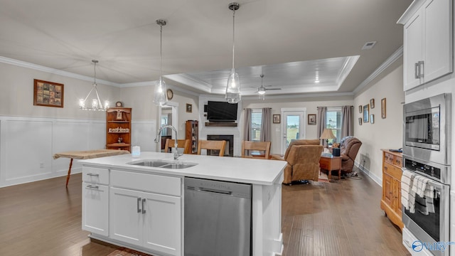 kitchen with a tray ceiling, a sink, stainless steel appliances, and a fireplace