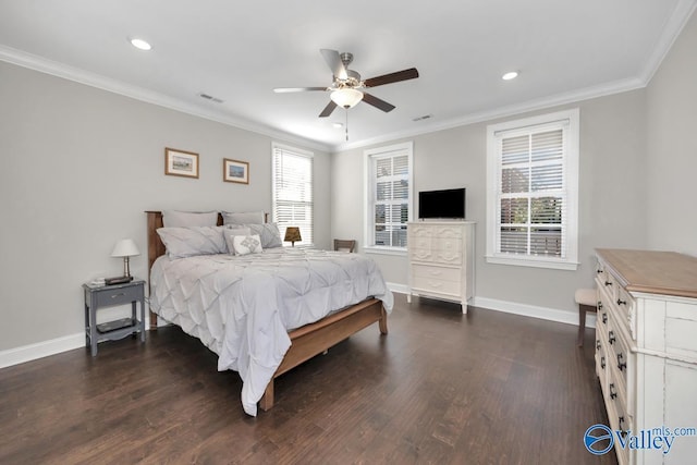 bedroom featuring ceiling fan, crown molding, and dark wood-type flooring