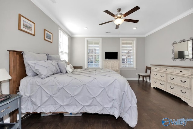 bedroom with ceiling fan, dark wood-type flooring, and ornamental molding